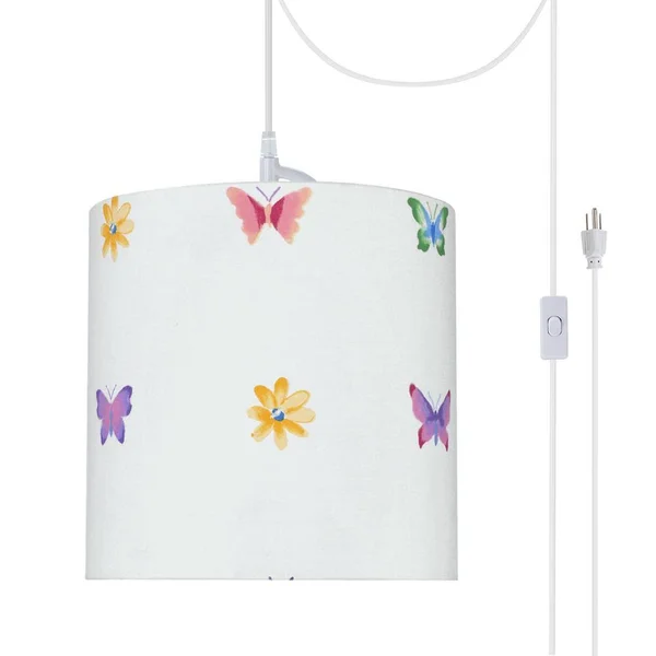 Aspen Creative 71062-21 One-Light Plug-In Swag Pendant Light Conversion Kit with Transitional Drum Fabric Lamp Shade - White, 8 i