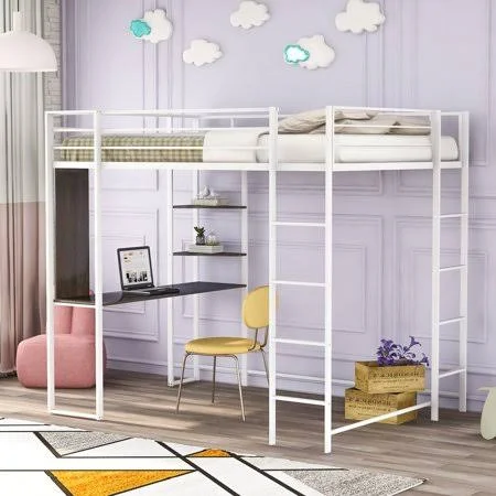 Twin Size Metal Loft Bed - Twin Size Bed with 2 Ladder and Desk, Storage Shelf, Rugged Metal Frame with Full-Length Guardrails fo