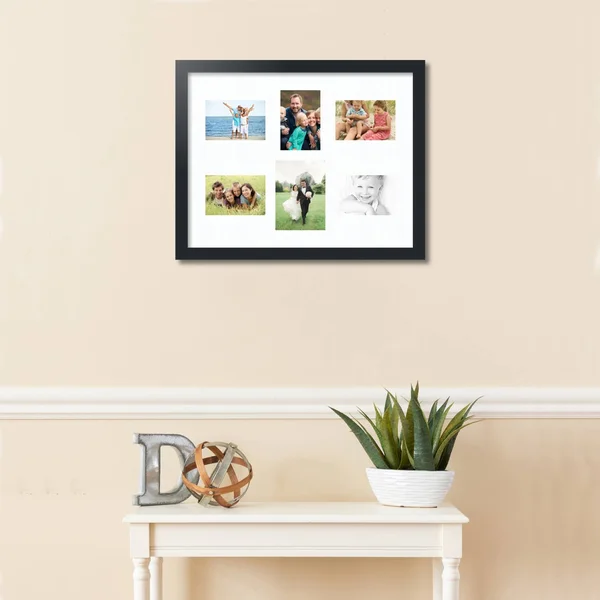 Collage Picture Frame - Satin Black Frame with 6 openings for 5x7 Photos with Super White Mat. D3926T364, ArtToFrames