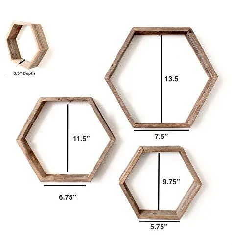 Barnwoodusa Rustic Hexagon Set of 3 Shelves - 100 Percent Reclaimed Wood, Weathered Gray