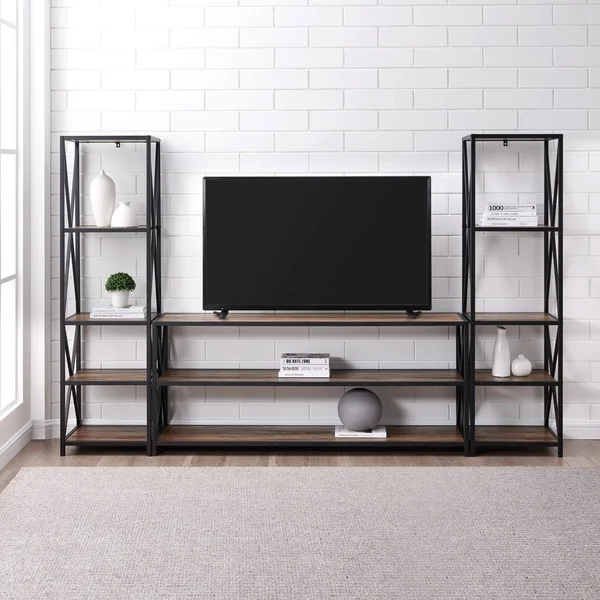 Carbon Loft Hattie 3-Piece X-Frame Entertainment Wall - Rustic Oak - Black Metal