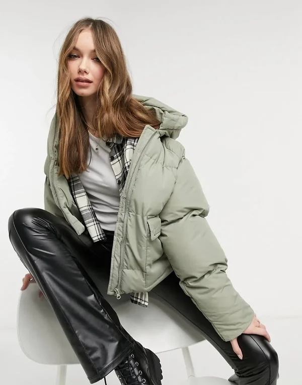 Threadbare Hooded Puffer Coat in Sage Green - ASOS Outlet