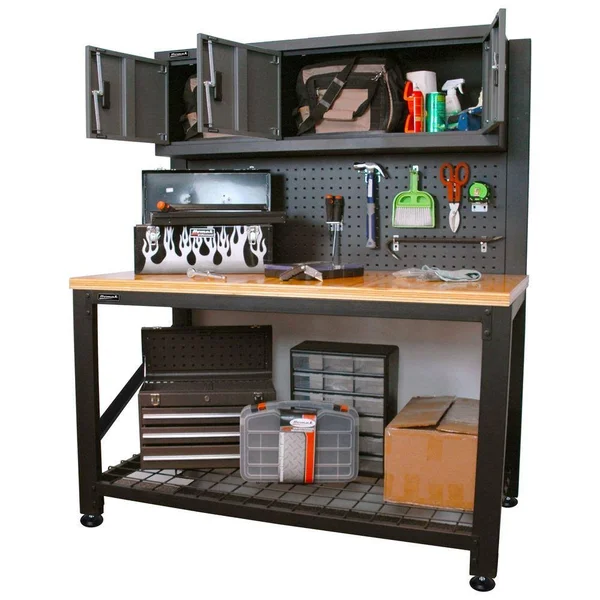Homak 59in Wood-Top Workbench 3-Door Steel Cabinet