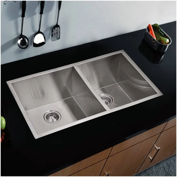 Water Creation SSSG-U-3320A Stainless Steel Satin 33x22 x 20x22 Zero Radius 60/40 Double Bowl Undermount Kitchen Sink Package