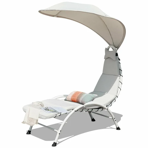Gymax Hanging Chaise Lounger Chair Arc Stand Porch Swing Hammock Chair w/ Canopy Khaki - Beige