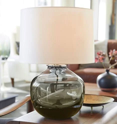 Audrey Amber Glass Accent Lamp with White Silk Shade