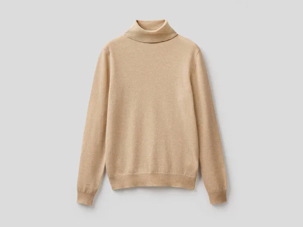Benetton, Beige Turtleneck Sweater in Pure Merino Wool Customizable, Size M, Beige, Women