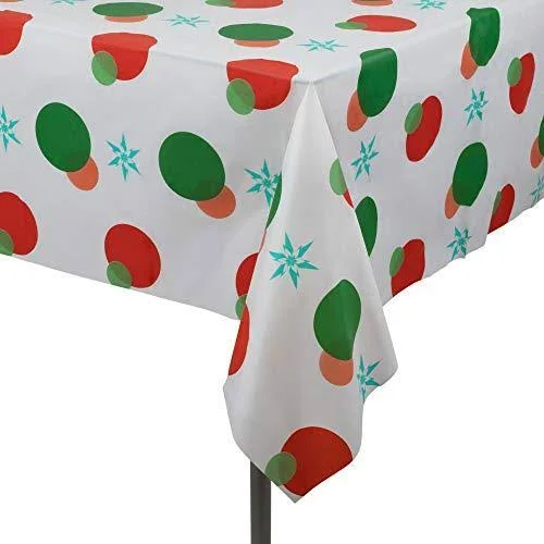 Red and Green Holiday Snow Flake Design 12 Pack Premium Disposable Plastic Tablecloth 54 inch. x 108 inch. Rectangle Table Cover