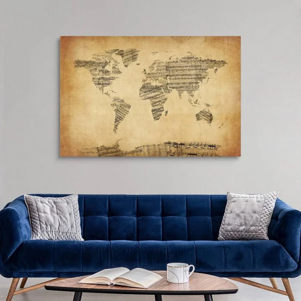 Map of The World Map from Old Sheet Music, Canvas Wall Art, 60x40, Great Big Canvas