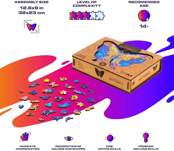 Unidragon Wooden Puzzle Jigsaw, Best Gift for Adults and Kids, Unique Shape Jigsaw Pieces Intergalaxy Butterfly, 12.6 x 9 in (32