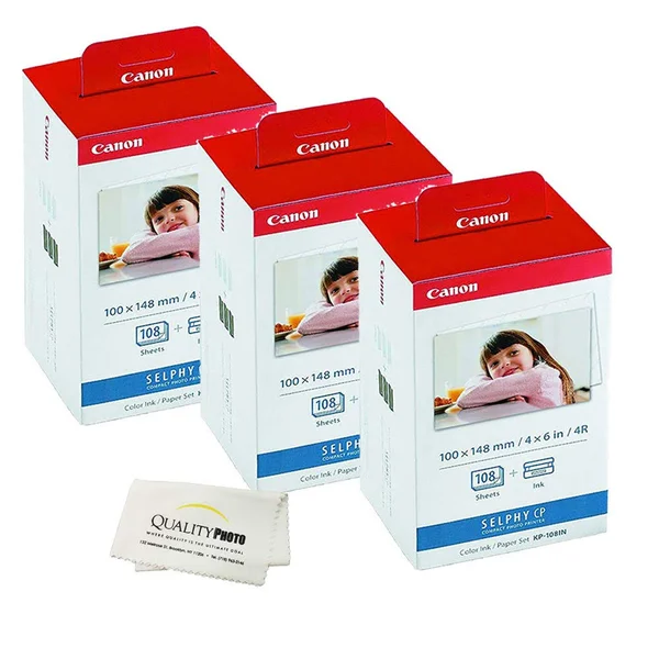 Canon KP-108IN -3 Pack- 3 Color Ink Cassette, 324 Sheets 4 x 6 Paper Glossy for Selphy CP1300, CP1200, CP910, CP900, Cp760, cp77
