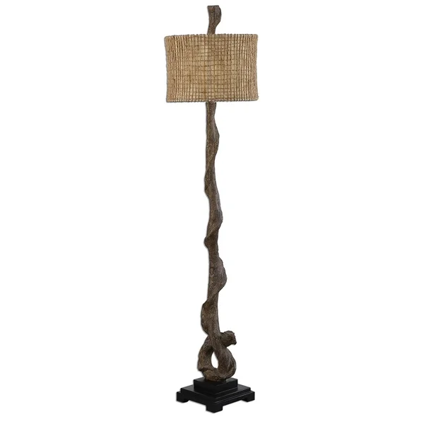 Diva at Home 70x22 Weathered Driftwood Floor Lamp with Beige Burlap Twine Round Drum Shade