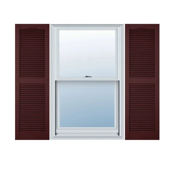 12 inchw x 50 inchh Lifetime Vinyl - Custom Cathedral Top Center Mullion, Open Louver Shutters, w/Shutter-Loks (Per Pair), Bordea