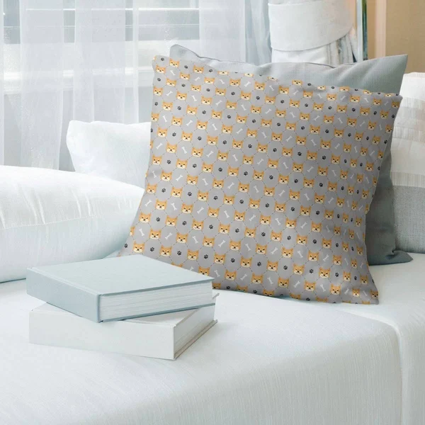 Main Color Shiba Inu Pattern Throw Pillow - 18 x 18 - Gray - Polyester