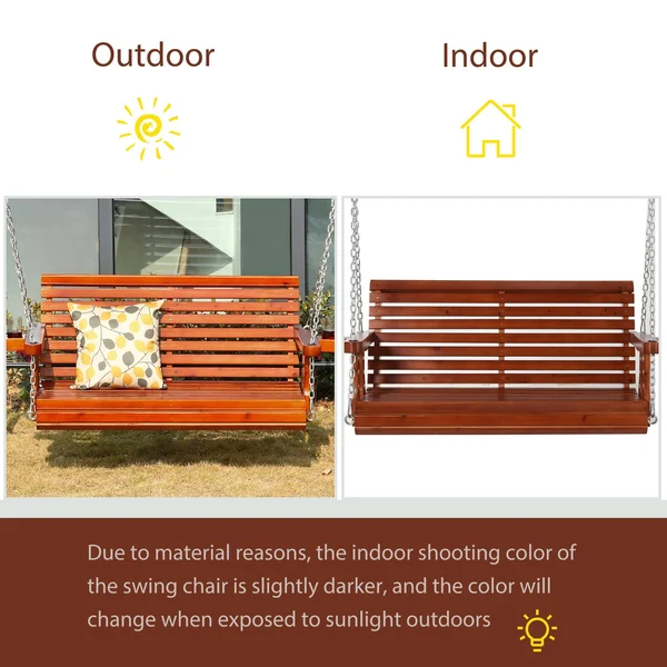 Outsunny 2 Seater Outdoor Porch Swing Seat with Cup Holder Chains Wooden Hammock Bench for Garden Patio Yard Brown
