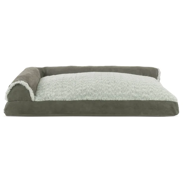 FurHaven Two-Tone Faux Fur & Suede Deluxe Chaise Lounge Pillow Sofa-Style Dog Bed Pet Bed Dark Sage Large