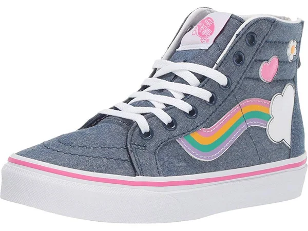 Vans Kids Sk8-Hi Zip (rainbow SIDESTRIPE) Denim/White