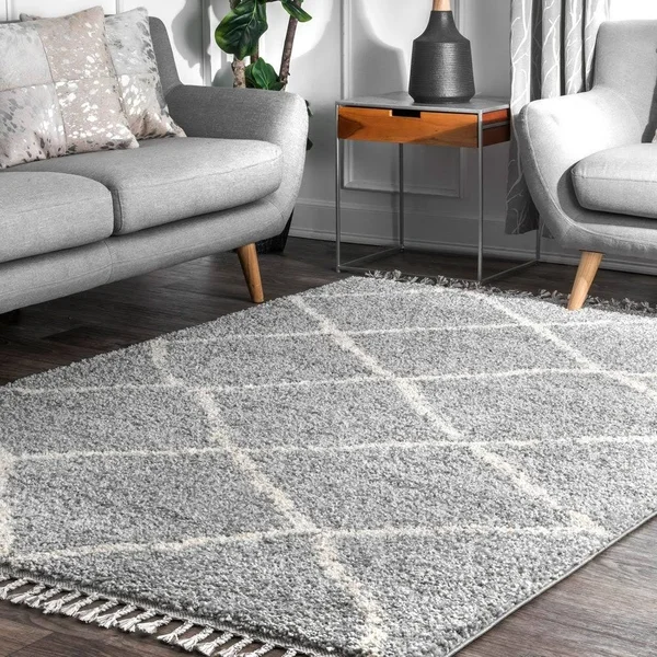 nuLOOM Jessie Moroccan Lattice Shag Off-White 8 ft. x 11 ft. Area Rug, Beige