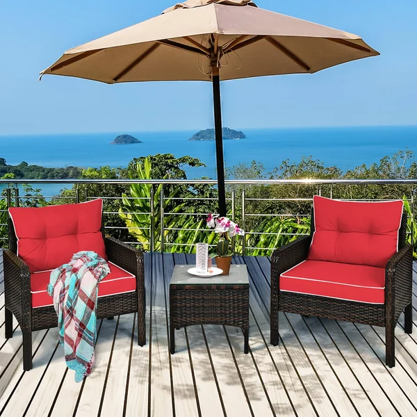 3 Pcs Patio Furniture Set PE Rattan Wicker Outdoor Sofa Set - Red