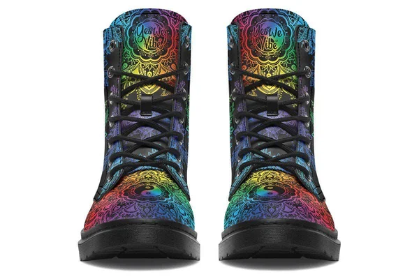 Colorful Yin Yang Boots - Black Mandala Vegan Boots, YesWeVibe Men's Boots, Black Sole, US 3, EU35