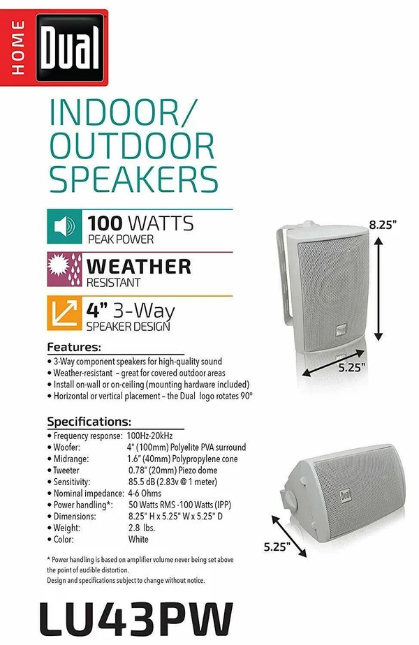 Dual Electronics Lu43pw 3-Way High Performance Outdoor Indoor Speakers
