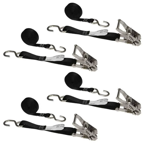 US Cargo Control 1x22 x 10& Black Ratchet Strap w/ Stainless Steel Ratchet & S-Hooks - 4 Pack