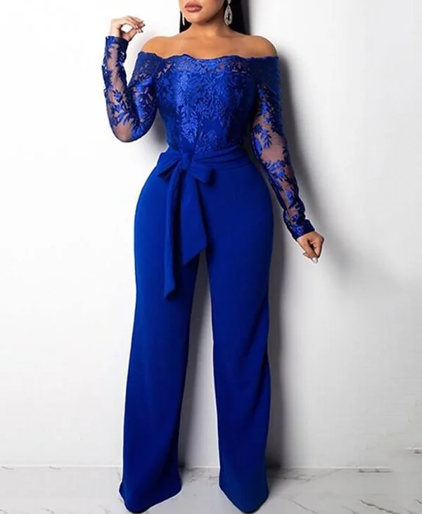 Lightinthebox Jumpsuits Elegant Floral Engagement Formal Evening Dress Off Shoulder Long Sleeve Floor Length Lace Satin with Sas