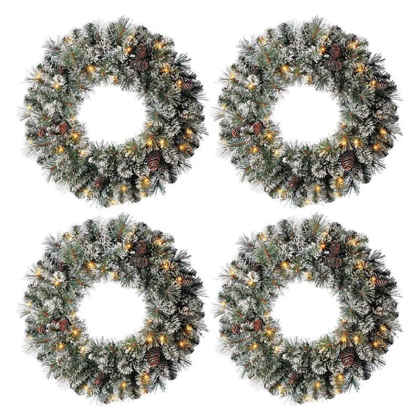 24 in. Sparkling Amelia Pine Battery Operated Prelit LED Artificial Christmas Wreath 30-Warm White Microdot Lights 4Pack