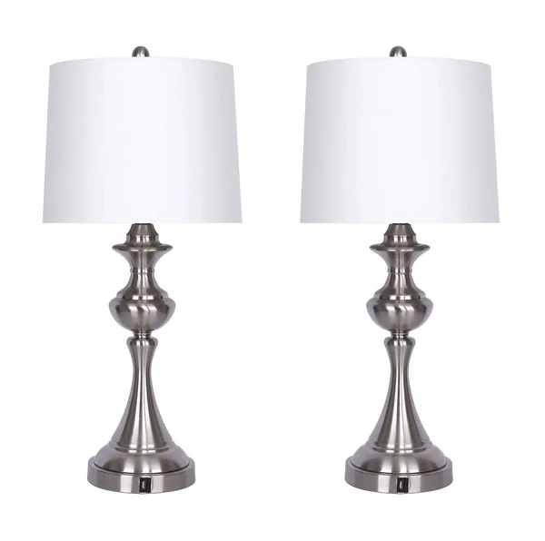 Grandview Gallery Brushed Nickel Table Lamp, Set of 2, 3-Way Switch Lamp with White Linen Shade, USB Charger in Lamp Base