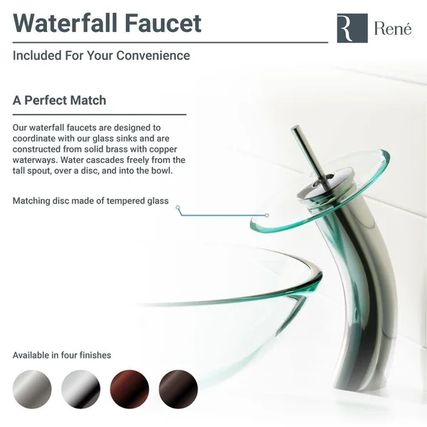 Rene R5-5034-WF-ABR Foil Undertone Glass Vessel Sink with Antique Bronze Waterfall Faucet - Sink Ring, and Vessel Pop-Up Drain