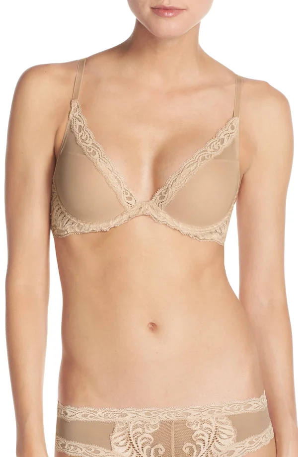 Natori Feathers Contour Plunge Bra - Size 36DDD - Cameo Rose