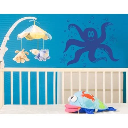 Little Octopus with Sea Stars Wall Decal - Wall Sticker, Vinyl Wall Art, Home Decor, Wall Mural - 1959 - 47in x 40in, Pastel Ora