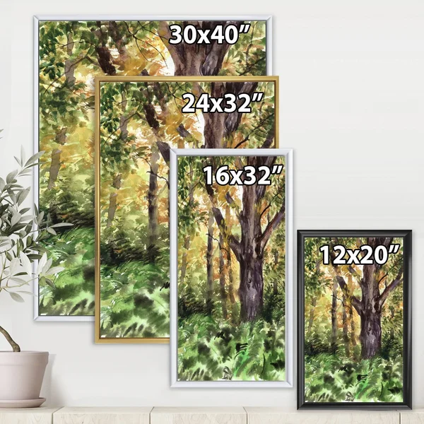 Designart 'Large Tree in Autumn Forest' Lake House Framed Canvas Wall Art Print - 12 in. Wide x 20 in. High - Black