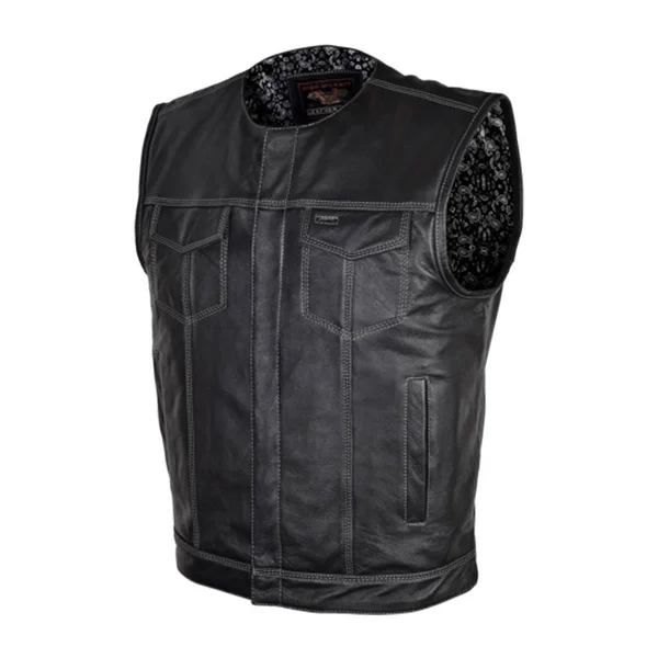 High Mileage HMM919BP Mens Black Paisley Design Liner Premium Cowhide Leather SOA Style Club Vest with Quick Access Conceal Carr