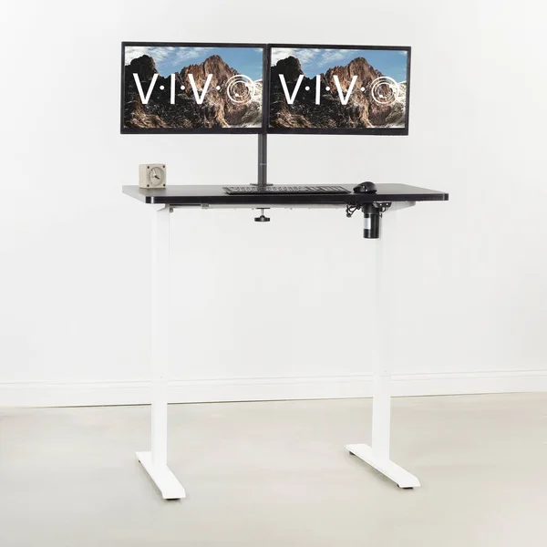 Vivo Electric 43” x 24” Stand Up Desk Workstation, Black Table Top, White Frame