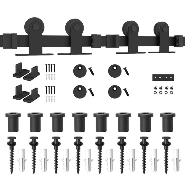 Winsoon 11 ft. /132 in. Top Mount Sliding Barn Door Hardware Track Kit for Double Doors with Non-Routed Floor GUIDE, Frosted Bla