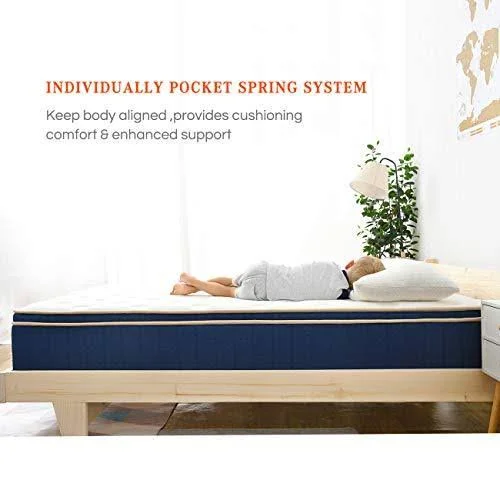 Sweetnight Ocean Blue 8x22 Hybrid Mattress - Gel Memory Foam & Individually Pocket Springs, Full Size