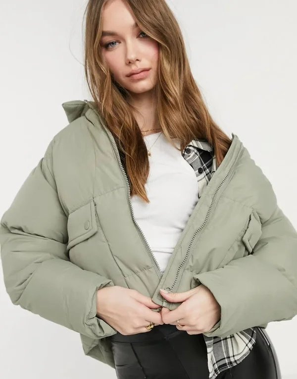 Threadbare Hooded Puffer Coat in Sage Green - ASOS Outlet