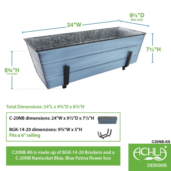 Achla C20NB-K6 2 x 6 Railings Flower Box with Brackets Blue - Medium