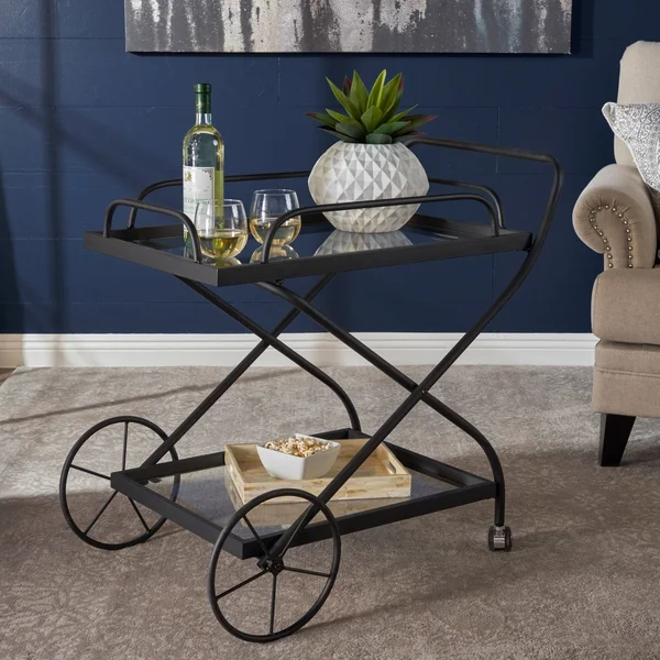 Christopher Knight Home Perley Traditional Iron Glass Bar Cart with Shelves by, Black