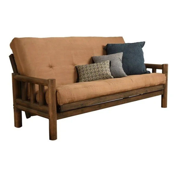 Kodiak Furniture Lodge Futon with Suede Peat Fabric Mattress in Walnut/Tan
