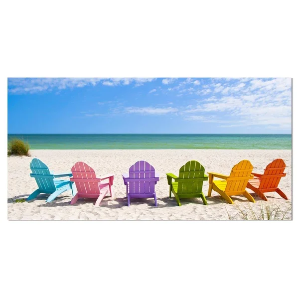 Designart &Adirondack Beach Chairs & Seashore Photo Canvas Art Print, Size: 40 inch x 20 inch, Blue
