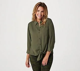 Belle by Kim Gravel Button & Tie Front WovenBlouse, Size 1X, Military Green