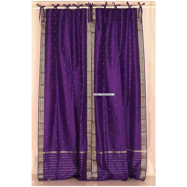 Purple Tie Top Sheer Sari Curtain, Drape, Panel - Pair