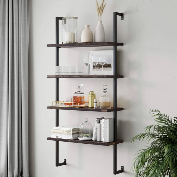 Nathan James Theo 4-Shelf Bookcase - Floating Wall Mount Shelves with Natural Wood and Industrial Pipe Metal Frame, Nutmeg/Black