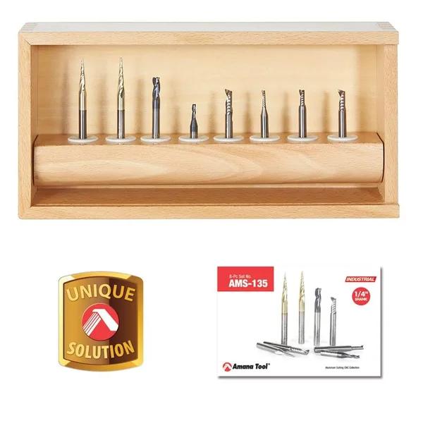 Amana AMS-135 8-Pc Specialty Aluminum - Plastics \& Stainless Steel Cutting CNC Router Bit Collection, 1/4 inch Shank