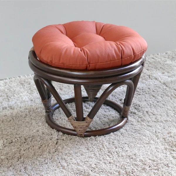 International Caravan 46cm Bali Rattan Papasan Footstool with Cushion - Solid Twill Fabric - Eggshell - Eggshell