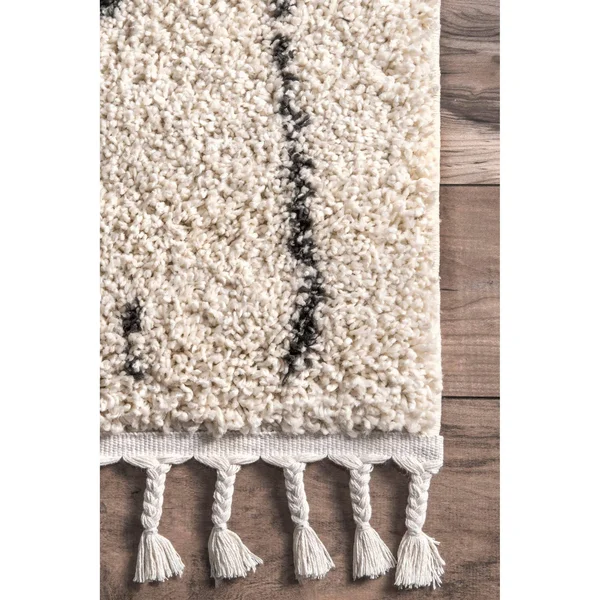 The Curated Nomad Philo Off-White Moroccan Tribal Geometric Shag Tassel Area Rug - 10& 2x22 x 14&