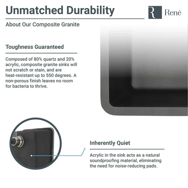 Rene R3-1008-PWT-ST-CGS Pewter Double Offset Bowl Low Divide Undermount Composite Granite Sink with Two Grids and Two Matching C