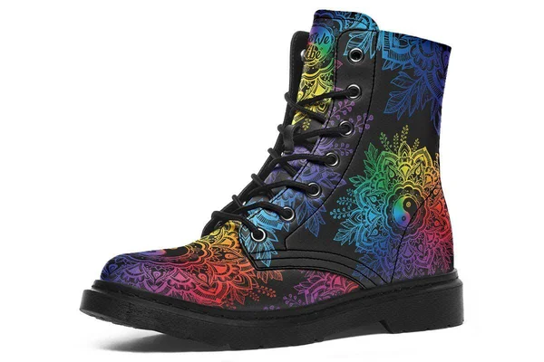 Colorful Yin Yang Boots - Black Mandala Vegan Boots, YesWeVibe Men's Boots, Black Sole, US 3, EU35
